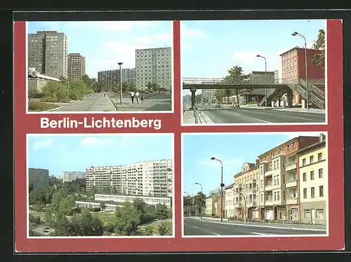 AK Berlin-Lichtenberg, Blick auf die Hochhaussiedlung, Strassenpartie mit Fussgängerbrücke