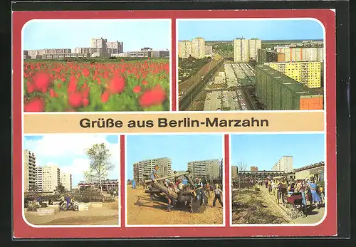 AK Berlin-Marzahn, Totalansicht, Kinderspielplatz und Hochhäuser