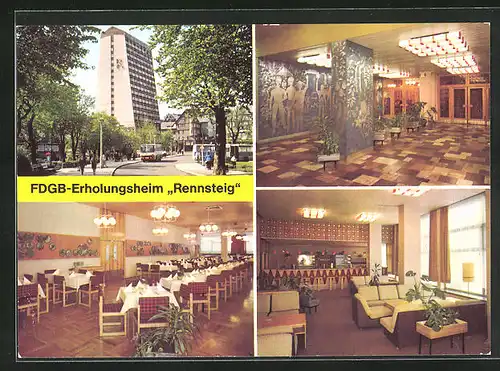 AK Oberhof /Kr. Suhl, FDGB-Erholungsheim Rennsteig, Empfang, Speisesaal & Bar