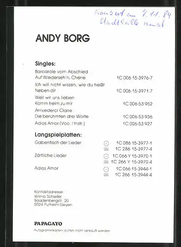 AK Musiker Andy Borg blickt in die Kamera. Autograph