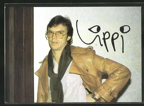 AK Musiker Lippi in Lederjacke, Autograph