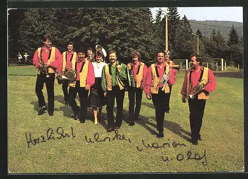 AK Musikergruppe Friedberger Musikanten kommen über die Wiese, Autograph