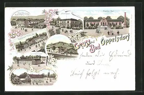 Lithographie Bad Oppelsdorf, Hotel Curhaus, Restaurant Carola Bad, Hotel Annenhof