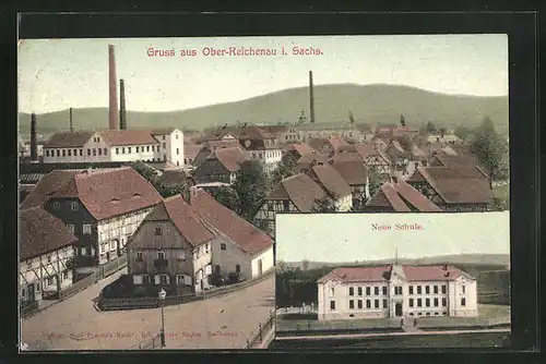 AK Ober-Reichenau, Neue Schule, Ortsansicht