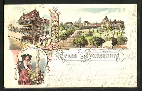 Lithographie Strassburg, Kaiserpalast, Theater, Münster