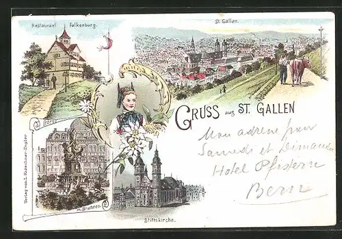 Lithographie St. Gallen, Restaurant Falkenburg, Stiftskirche, Börse mit Brunnen