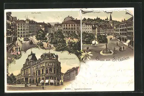 Lithographie St. Gallen, Unionbankgebäude, Marktstrasse, Marktplatz