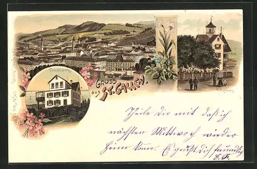 Lithographie St. Gallen, Gasthaus Freudenberg, Gasthaus Falkenburg, Totalansicht