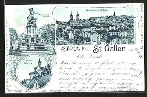 Lithographie St. Gallen, Monumentalbrunnen, Restaurant Falkenburg, Totalansicht
