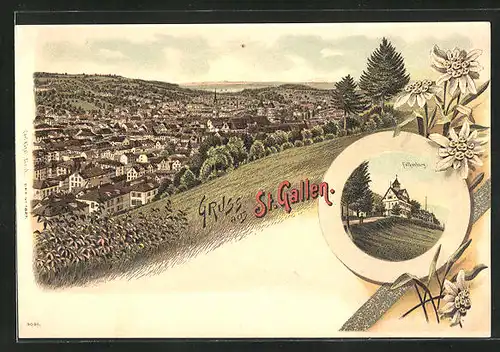 Lithographie St. Gallen, Restaurant Falkenburg, Gesamtansicht