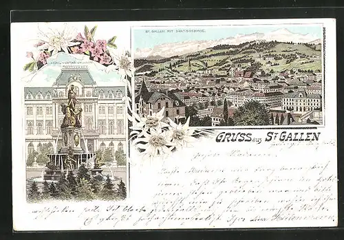 Lithographie St. Gallen, Monumentalbrunnen, Ortsansicht mit Säntisgebirge