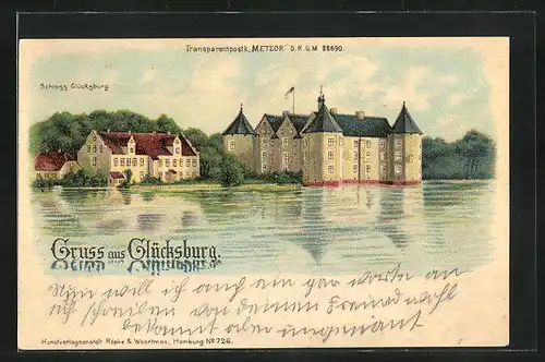 Lithographie Glücksburg, Panoramablick zum Schloss, Halt gegen das Licht: Vollmond