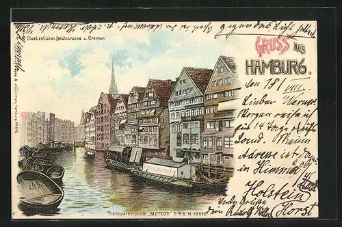 Lithographie Hamburg, Fleet zwischen Deichstrasse und Cremon, Halt gegen das Licht: erleuchtete Fenster