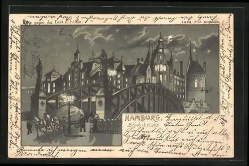 Lithographie Hamburg, Brooksbrücke, Halt gegen das Licht: erleuchtete Fenster