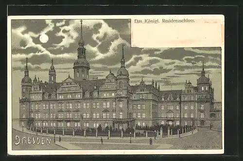 Lithographie Dresden, Königl. Residenzschloss, Halt gegen das Licht: erleuchtete Fenster