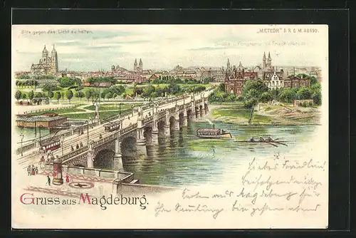 Lithographie Magdeburg, Panorama mit Elbbrücke, Halt gegen das Licht: Mondschein