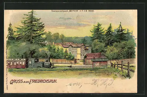 Lithographie Friedrichsruh, Teilansicht mit Eisenbahn, Halt gegen das Licht: Mondschein