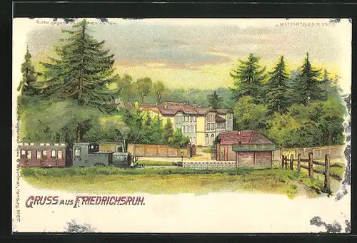 Lithographie Friedrichsruh, Teilansicht mit Eisenbahn, Halt gegen das Licht: Mondlicht