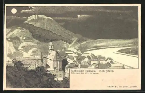 Lithographie Königstein /Sächs. Schweiz, Ortsansicht mit Elbe, Halt gegen das Licht: Häuser mit beleuchteten Fenstern