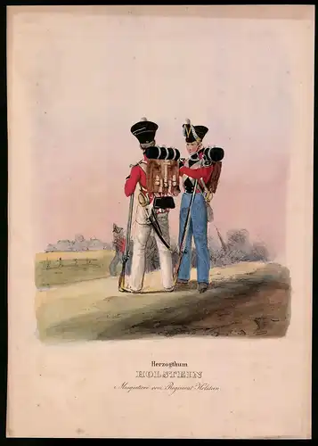 Lithographie Herzogthum Holstein, Musquetiere Regiment Holstein, altkolorierte Lithographie aus Eckert & Monten um 1840