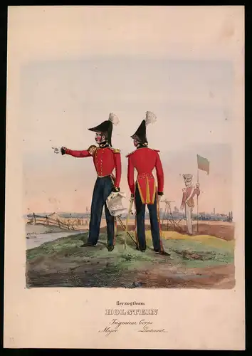 Lithographie Herzogthum Holstein, Ingenieur Corps, Major, Lieutenant, altkolorierte Lithographie Eckert & Monten um 1840