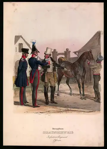Lithographie Herzogthum Braunschweig, Infanterie Regiment Offiziere, altkolorierte Lithographie Eckert & Monten um 1840
