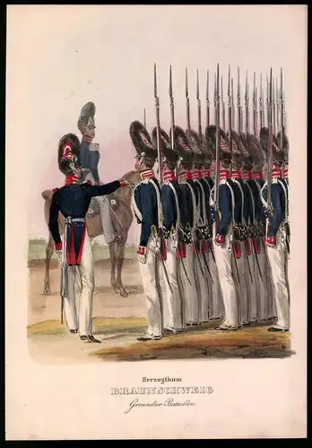 Lithographie Herzogthum Braunschweig, Grenadier Bataillon, altkolorierte Lithographie Eckert & Monten um 1840, 34 x 24cm