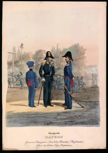 Lithographie Königreich Bayern, Garnisons Compagnien, Invaliden, altkolorierte Lithographie Eckert & Monten um 1840