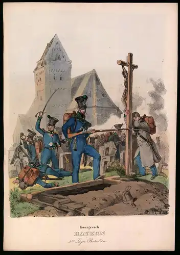 Lithographie Königreich Bayern, 4tes Jäger Bataillon, altkolorierte Lithographie Eckert & Monten um 1840, 34 x 24cm