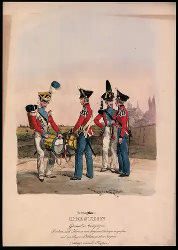 Lithographie Herzogthum Holstein, Grenadier Compagnie, altkolorierte Lithographie Eckert & Monten um 1840, 36 x 26cm