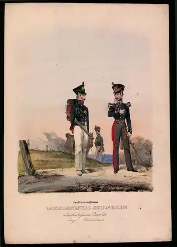 Lithographie Grossherzgothum Meklenburg Schwerin, Bataillon, altkolorierte Lithographie Eckert & Monten um 1840