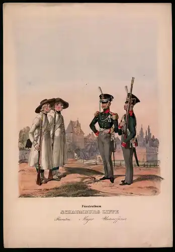 Lithographie Fürstenthum Schaumburg Lippe, Rekruten, Altkolorierte Lithographie aus Eckert und Monten um 1840, 37 x 26cm