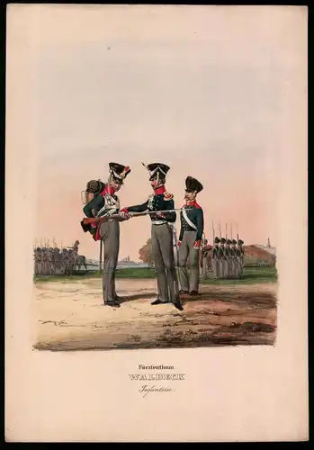 Lithographie Fürstenthum Waldeck, Infanterie, Altkolorierte Lithographie aus Eckert und Monten um 1840, 37 x 26cm