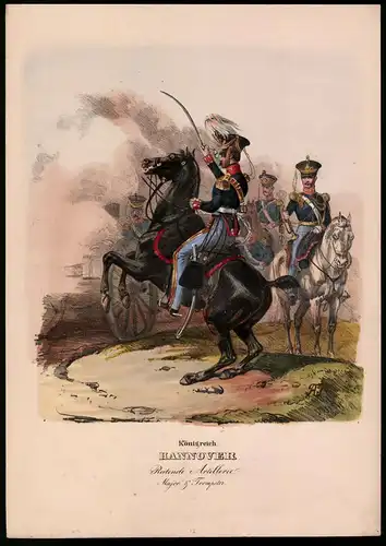 Lithographie Königreich Hannover, Reitende Artillerie, Altkolorierte Lithographie aus Eckert und Monten um 1840