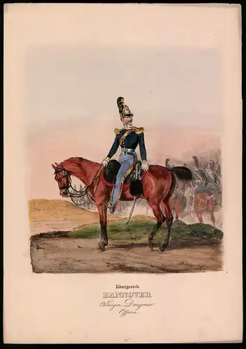 Lithographie Königreich Hannover, Königin Dragoner, Offizier, Altkolorierte Lithographie aus Eckert und Monten um 1840