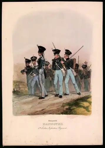 Lithographie Königreich Hannover, 1. Leichtes Infanterie Reg., Altkolorierte Lithographie aus Eckert und Monten um 1840