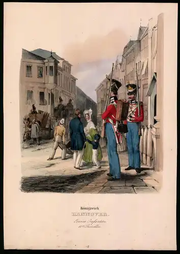 Lithographie Königreich Hannover, Linien Infanterie, Altkolorierte Lithographie aus Eckert und Monten um 1840, 37 x 26cm