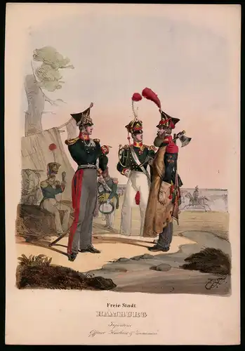 Lithographie Freie Stadt Hamburg, Infanterie, Altkolorierte Lithographie aus Eckert und Monten um 1840, 34 x 24cm