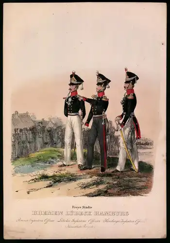 Lithographie Freie Städte, Bremen, Lübeck, Hamburg, Infanterie, Altkolorierte Lithographie aus Eckert und Monten um 1840