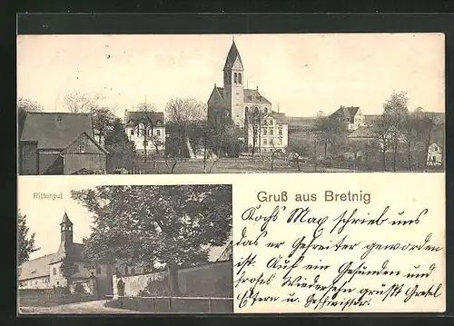 AK Bretnig, Rittergut von der Strasse, Totalansicht von der Kirche