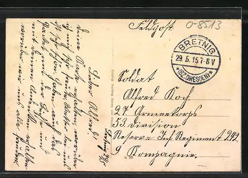 AK Bretnig, Rittergut von der Strasse, Totalansicht von der Kirche