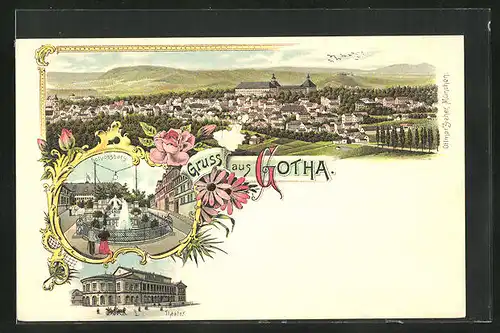 Lithographie Gotha, Schlossberg mit Fontaine, Theater, Panorama