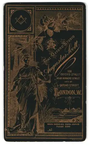 Fotografie Augustus Scott, London, rücks. Frau als Porträtmalerin, Jugendstil, vorder. Portrait Frau mit Blume am Kleid
