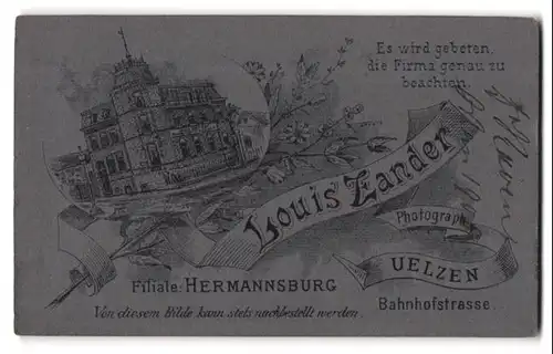 Fotografie Louis Zander, Uelzen, Bahnhofstrasse, Ansicht Uelzen, Photograf. Anstalt Louis Zander, vord. Herr m. Vollbart