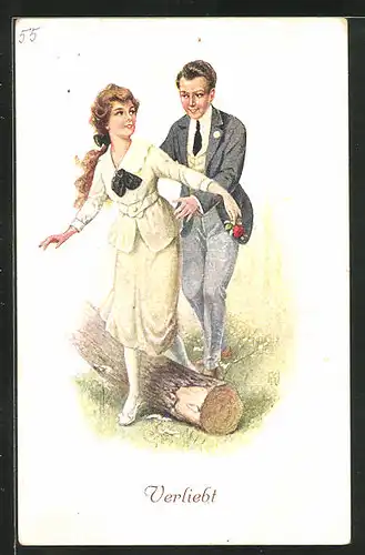 AK Verliebt, Herr steigt mit einer Dame über Baumstamm