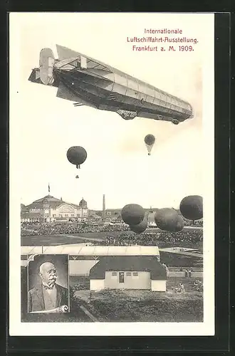 AK Frankfurt /Main, Internationale Luftschifffahrt-Ausstellung 1909, Zeppelin, Fesselballons