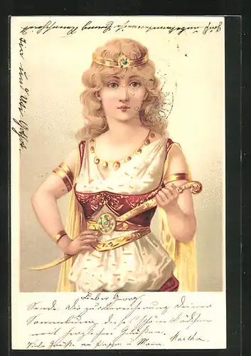 Lithographie Griechische Göttin mit goldenem Dolch, Jugendstil
