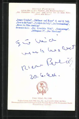 AK Schauspieler Dieter Perlwitz, mit Autograph