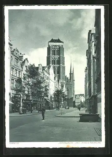 AK Danzig / Gdansk, Jopengasse und Marienkirche