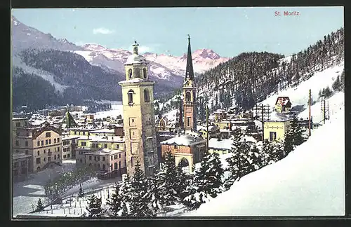 AK St. Moritz, Teilansicht im Schnee